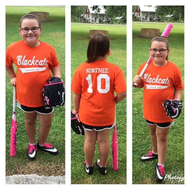 A collage of three photographs of a girl in an orange Blackcats shirt posing with her gear