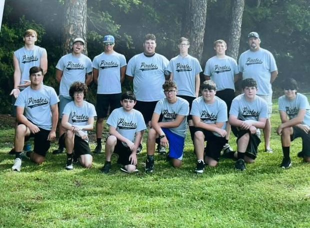 A boys team in light blue Pirates shirts posed in two rows on the grass