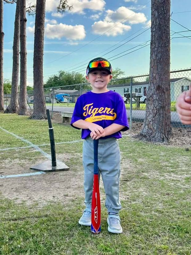 A small boy in a purple Tigers shirt standing with a bat beside a batting tee