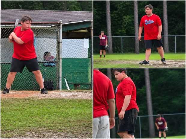 A collage of three photographs of a batter in red swinging at the plate