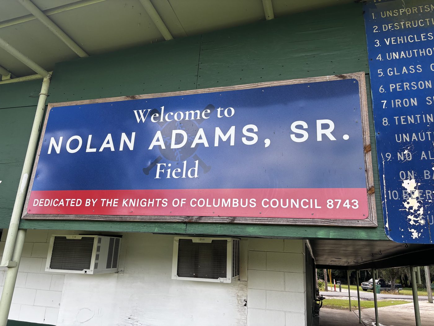 Sign reading Welcome to Nolan Adams, Sr. Field, dedicated by the Knights of Columbus Council 8743